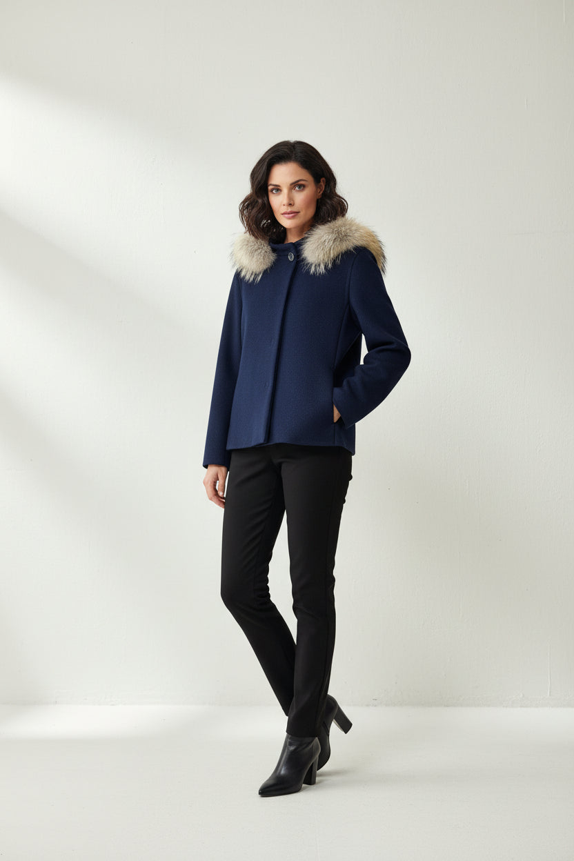 Cinzia Rocca Jacke mit Kapuze - Schurwolle Blau Metallic Gr. 36