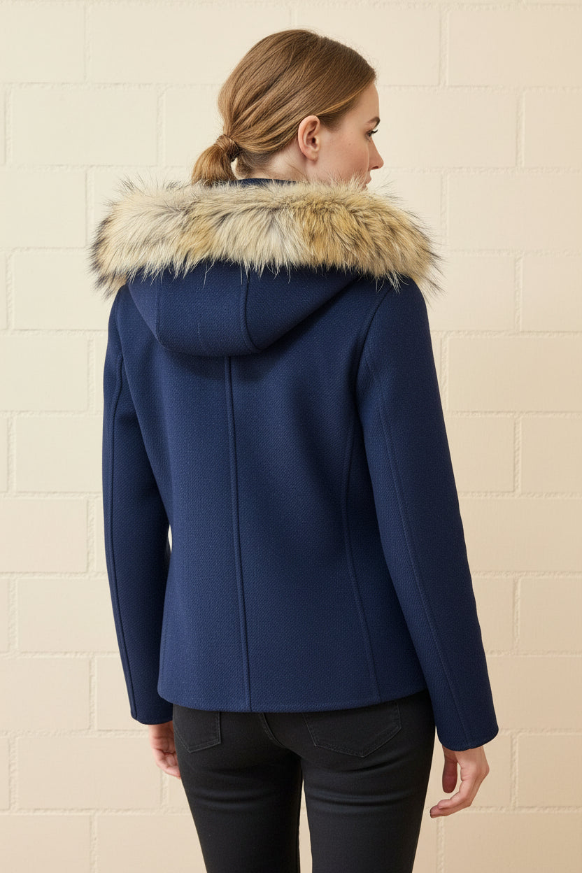 Cinzia Rocca Jacke mit Kapuze - Schurwolle Blau Metallic Gr. 36